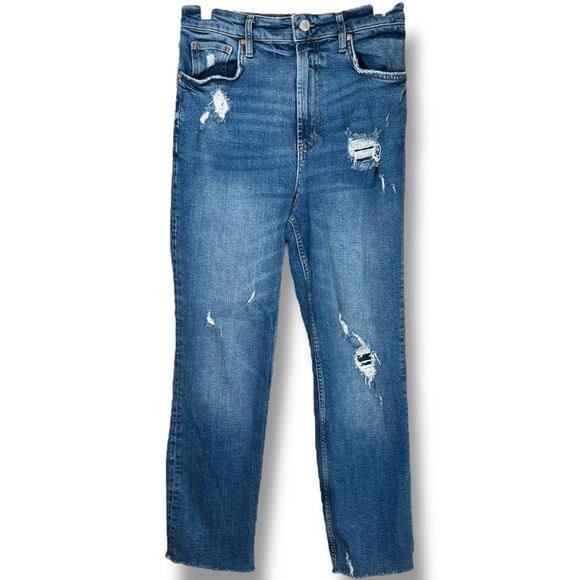 Free People Medium Wash Slim Straight High Rise Denim Distressed Jeans size 29 - Picture 3 of 7